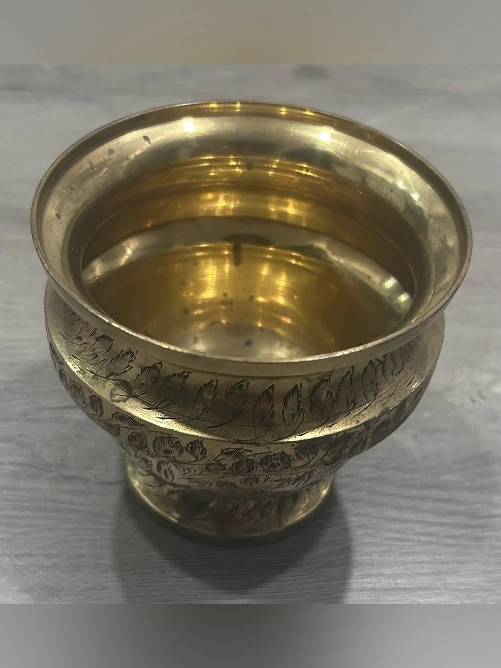 Indian Brass Pedestal Bowl Hand Etched Floral Design Traditional India Decor VTG